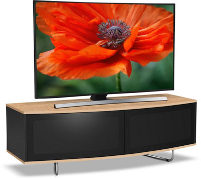 Centurion Supports Caru Gloss Black and Oak Beam-Thru Remote Friendly Contemporary "D" Shape Design up to 65" TV Cabinet