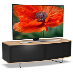 Centurion Supports Caru Gloss Black and Oak Beam-Thru Remote Friendly Contemporary "D" Shape Design up to 65" TV Cabinet