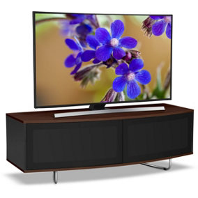 Centurion Supports Caru Gloss Black and Walnut Beam-Thru Remote Friendly Contemporary "D" Shape Design up to 65" TV Cabinet