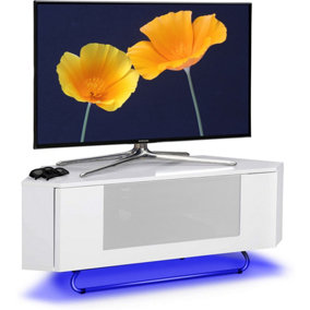 Centurion Supports Hampshire Corner-Friendly Gloss White with White Beam-Thru Door up to 50" Flat Screen TV Stand  with LED Lights