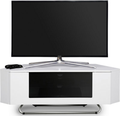 Centurion Supports Hampshire Corner-Friendly White Black with Beam-Thru Remote Friendly Door up to 50" Flat Screen TV Cabinet
