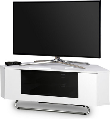 Centurion Supports Hampshire Corner-Friendly White Black with Beam-Thru Remote Friendly Door up to 50" Flat Screen TV Cabinet