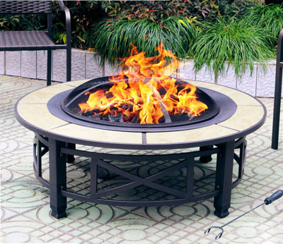 Centurion Supports NUSKU Luxurious Premium Multi-Functional Black with Ceramic Tiles Outdoor Garden Round Fire Pit Brazier