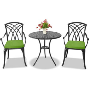 Centurion Supports OSHOWA Black Garden and Patio Table and 2 Large Chairs Bistro Set - with Green Cushions