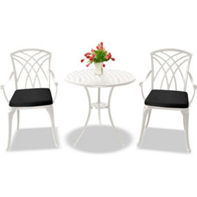 Centurion Supports OSHOWA Garden and Patio Table and 2 Large Chairs Cast Aluminium Bistro Set- White with Black Cushions