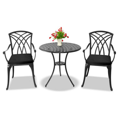 Centurion Supports OSHOWA Garden and Patio Table and 2 Large Chairs with Armrests Cast Aluminium Bistro Set - Black Cushions