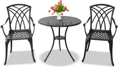 Centurion Supports OSHOWA Garden and Patio Table and 2 Large Chairs with Armrests Cast Aluminium Bistro Set Black