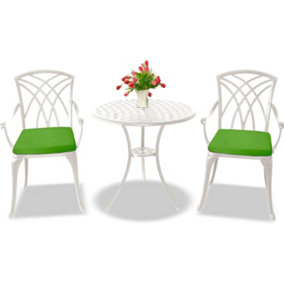 Centurion Supports OSHOWA Luxurious Garden and Patio Table and 2 Large Chairs Cast Aluminium Bistro Set- White with Green Cushions