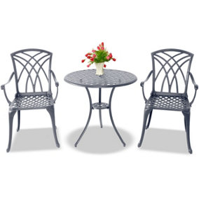 Centurion Supports OSHOWA Luxurious Garden and Patio Table and 2 Large Chairs with Armrests Cast Aluminium Bistro Set Grey