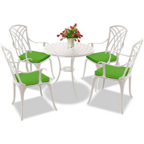 Centurion Supports OSHOWA Luxurious Garden and Patio Table and 4 Large Chairs Cast Aluminium Bistro Set- White with Green Cushions