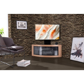 Centurion Supports PANGEA Black/Oak Beam-Thru Curved True-Corner up to 50" TV Cabinet with Mounting Arm