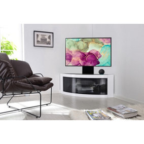 Centurion Supports PANGEA Black/White Beam-Thru Curved True-Corner up to 50" TV Cabinet with Mounting Arm