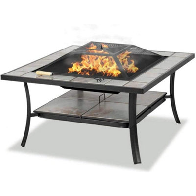 Centurion Supports SHANGO Multi-Functional Black with Ceramic Tiles Outdoor Square Heater, Fire Pit, Brazier, Table