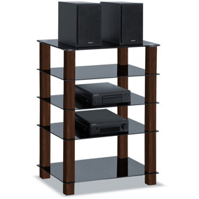 Centurion Supports TRINITY Black 5 Shelf with Walnut Legs Flat Screen TV Rack Glass Stand