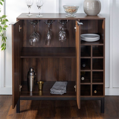 Centurion Supports VILANO Walnut 8-Bottle Wine Storage and 3-Row Glass Holder Modern Bar Cabinet Buffet