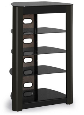 Centurion Supports Zinnia 5-Shelf Black Glass with Gloss Black Fascia Flat Screen TV/Hi-Fi/AV Rack Glass Stand