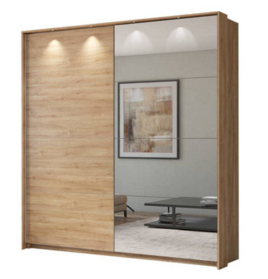 Century Sliding Door Wardrobe W2280mm H2400mm D640mm - Oak Camargue Finish with Mirrored Door