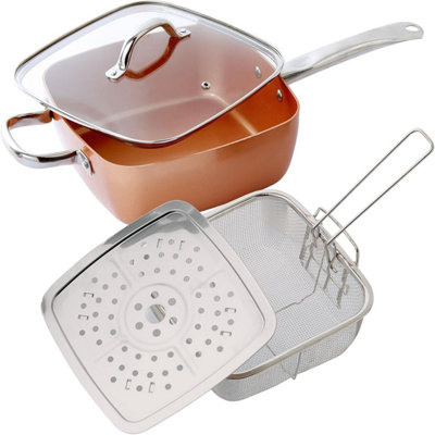 Cera Titanware Deep-Sided Copper-Infused Square Non-Stick Cooking Pan with Steamer Tray, Frying basket & Glass Lid