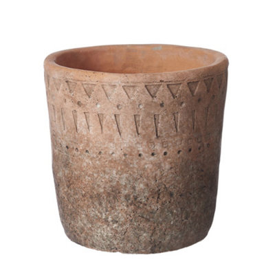 Ceramic Aged Look Rustic Aztec Plant Pot H14 cm