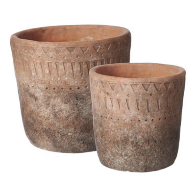Ceramic Aged Look Rustic Aztec Plant Pot H14 cm