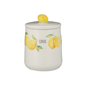 Ceramic Amalfi Stoneware Kitchen Coffee Storage Canister Jar Lid Durable Lemon 3D Design Handle Bright Yellow Water Colour Style
