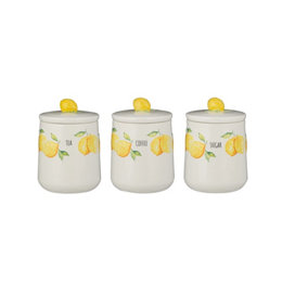 Ceramic Amalfi Stoneware Kitchen Tea Coffee Sugar Storage Canister Jar Lid Durable Lemon 3D Design Handle Bright Yellow Water Set