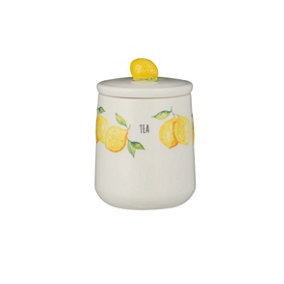 Ceramic Amalfi Stoneware Kitchen Tea Storage Canister Jar Lid Durable Lemon 3D Design Handle Bright Yellow Water Colour Style