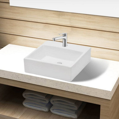 Ceramic Bathroom Sink Basin with Faucet Hole White Square Price Comparisons | Compare The Build