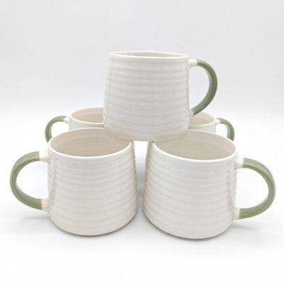 Ceramic Coffee Tea Mug 13oz Ribbing Textured Green Painted Handle x4
