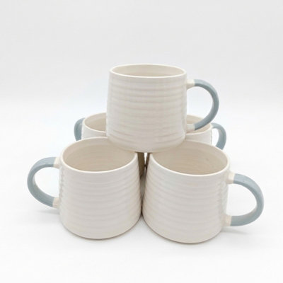 Ceramic Coffee Tea Mug 13oz Ribbing Textured Grey Painted Handle x2