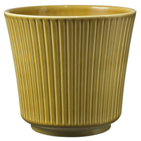 Ceramic Grooved Plant Pot. Antique Amber Shade, Shiny Finish. Suitable For Indoor Use. No Drainage Holes. H11 x W12 cm