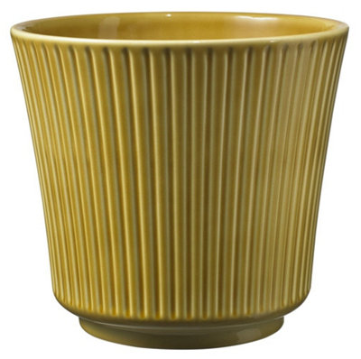 Ceramic Grooved Plant Pot. Antique Amber Shade, Shiny Finish. Suitable For Indoor Use. No Drainage Holes. H14 x W16 cm