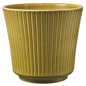 Ceramic Grooved Plant Pot. Antique Amber Shade, Shiny Finish. Suitable For Indoor Use. No Drainage Holes. H14 x W16 cm