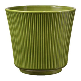 Ceramic Grooved Plant Pot. Antique Green Colour, Shiny Finish. Suitable For Indoor Use. No Drainage Holes. H13 x W14 cm