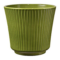 Ceramic Grooved Plant Pot. Antique Green Shade, Shiny Finish. Suitable For Indoor Use. No Drainage Holes. H15 x W17 cm