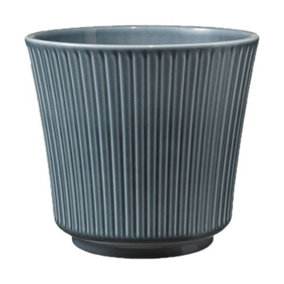 Ceramic Grooved Plant Pot. Blue/Grey  Shade, Shiny Finish. Suitable For Indoor Use. No Drainage Holes. H13 x W14 cm