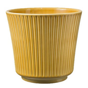 Ceramic Grooved Plant Pot. Bright Amber Shade, Shiny Finish. Suitable For Indoor Use. No Drainage Holes. H13 x W14 cm