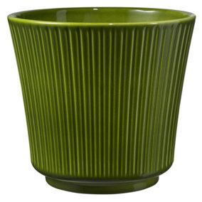 Ceramic Grooved Plant Pot in an Antique Green Colour. Shiny Finish. Suitable For Indoor Use. (Dia) 20 cm