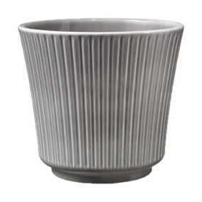 Ceramic Grooved Plant Pot. Warm Grey Shade, Shiny Finish. Suitable For Indoor Use. No Drainage Holes. H11 x W12 cm