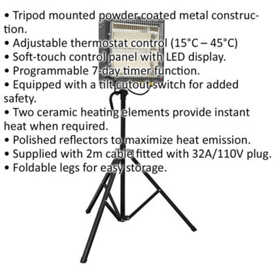 Ceramic Heater with Tripod Stand - 1200 to 2400W - Instant Heat - Remote Control