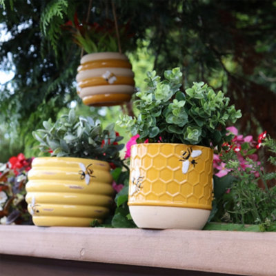 Ceramic Honeybee Large Yellow Pot Planter - Garden Flower Decoration