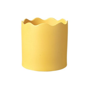 Ceramic Indoor Plant Pot, Wave Rim - Honeycomb Yellow. H17.5 cm