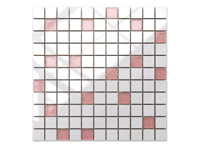 Ceramic mosaic with glass inserts on mesh for bathroom or kitchen 300mm x 300mm - Pink beads