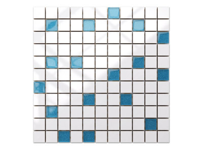 Ceramic mosaic with glass inserts on mesh for bathroom or kitchen 300mm x 300mm - White-pale blue