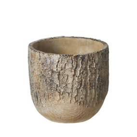 Ceramic Plant Pot with a Rustic Carved Wood Like Texture  - Brown (Dia) 13 cm