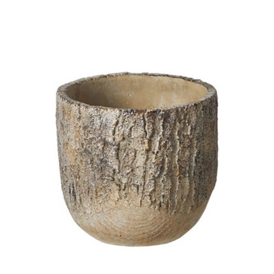 Ceramic Plant Pot with a Rustic Carved Wood Like Texture  - Brown. Suitable For Indoor Use.  (Dia) 16.5 cm