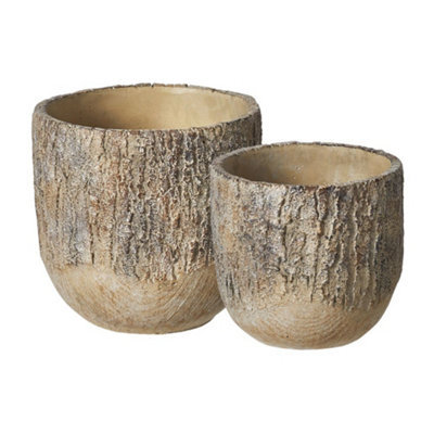 Ceramic Plant Pot with a Rustic Carved Wood Like Texture  - Brown. Suitable For Indoor Use.  (Dia) 16.5 cm