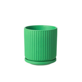 Ceramic Ridged Design Plant Pot With Saucer. Green - H13.5 cm