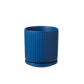 Ceramic Ridged Design Plant Pot With Saucer. Marion Blue - H13.5 cm