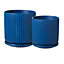 Ceramic Ridged Design Plant Pot With Saucer. Marion Blue - H17.5 cm